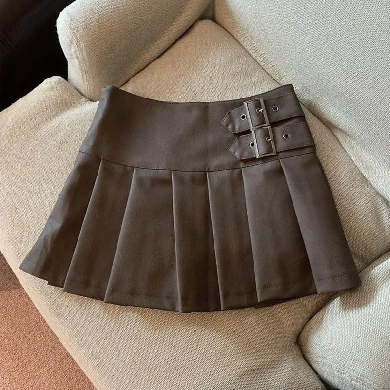 S-3XL Y2K Pu Leather Mini Skirts Women Streetwear High Waist Pleated Skirt Vintage Korean Black Slim Casual A Line Skirts