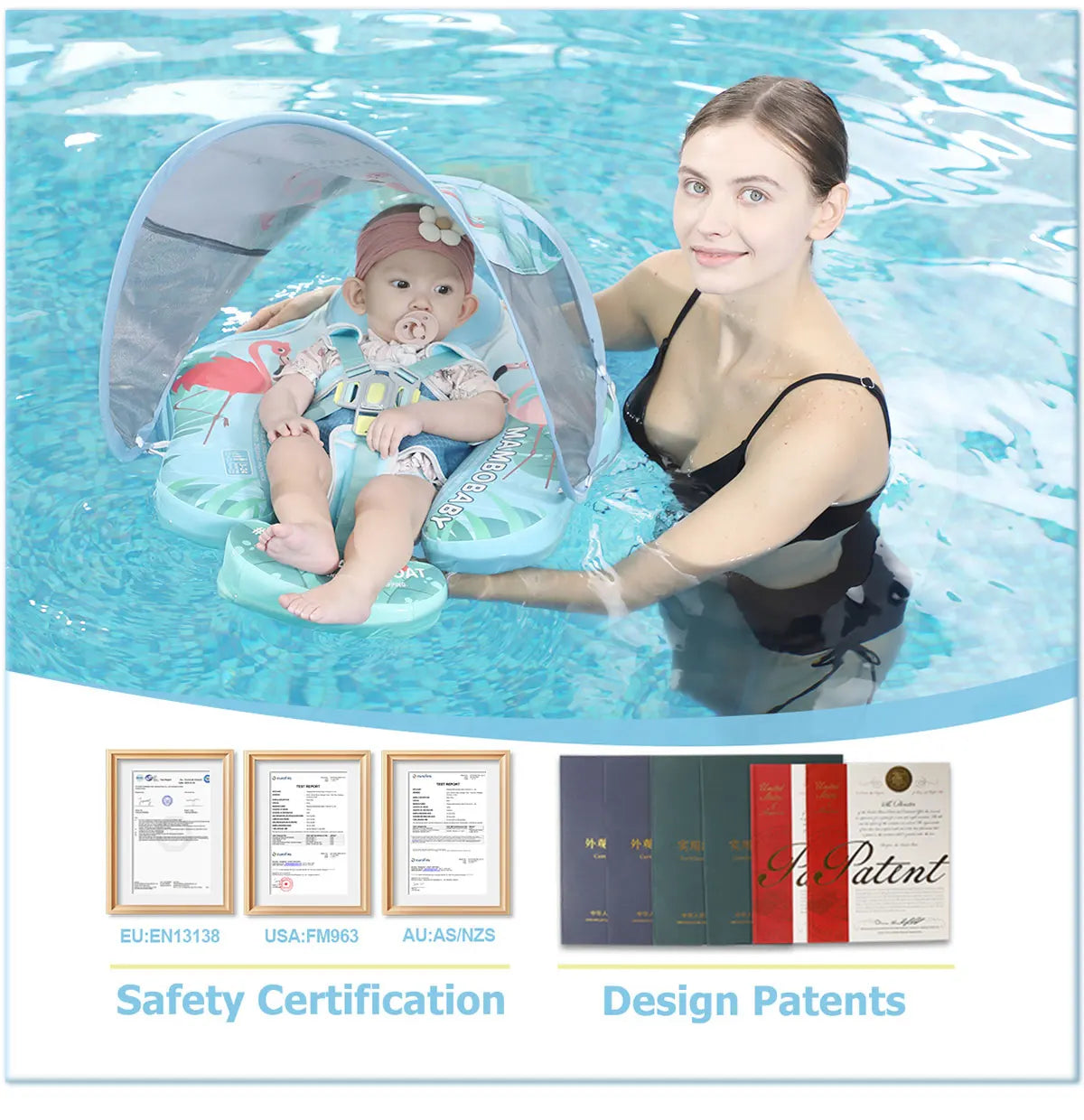 Mambobaby Gentle Skin-Safe Flamingo Air-Free Chest Float with Flat Canopy B503-143-W-Z Baby Swimming Ring Infant Water Circle