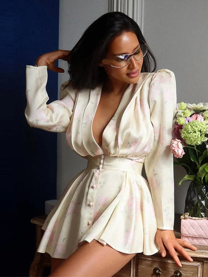 Sexy Women's Dress Deep V-neck Full Sleeve Waistband Two Piece Female Print Floral Sets 2026 Summer Party New Holiday Lady Suit