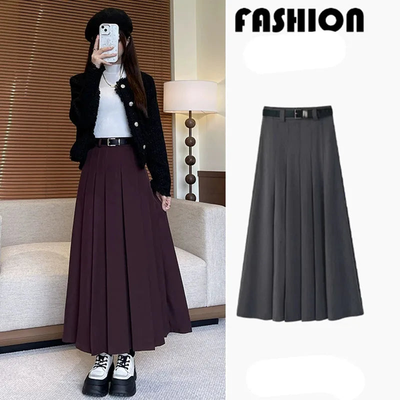 2026 New Women's Pleated Maxi Skirts Autumn High Waisted Zipper Jk Long Skirt Woman Elegant Loose Design Big Swing A-Line Skirts