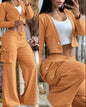 Autumn Fashionable And Elegant Solid Color Women's Suit Long-sleeved V-neck Short Coat Pocket Wide-leg Drawstring Trousers Suit