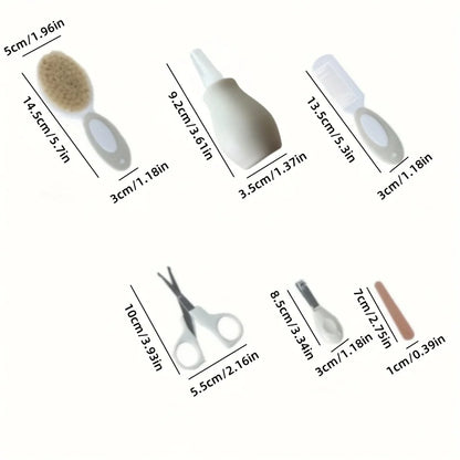 6/7-piece Baby Daily Care Set - Baby Nasal Irrigator, Small Scissors, Soft Hairbrush, Nail File, Small Toothbrush, Nail Clipper