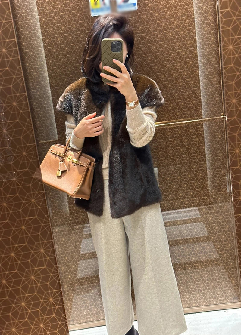 Women's Autumn Winter Faux Mink Hair Stand Collar Sleeveless Loose Vest Jacket Lady Streetwear Single Breasted Faux Fur Vest Top