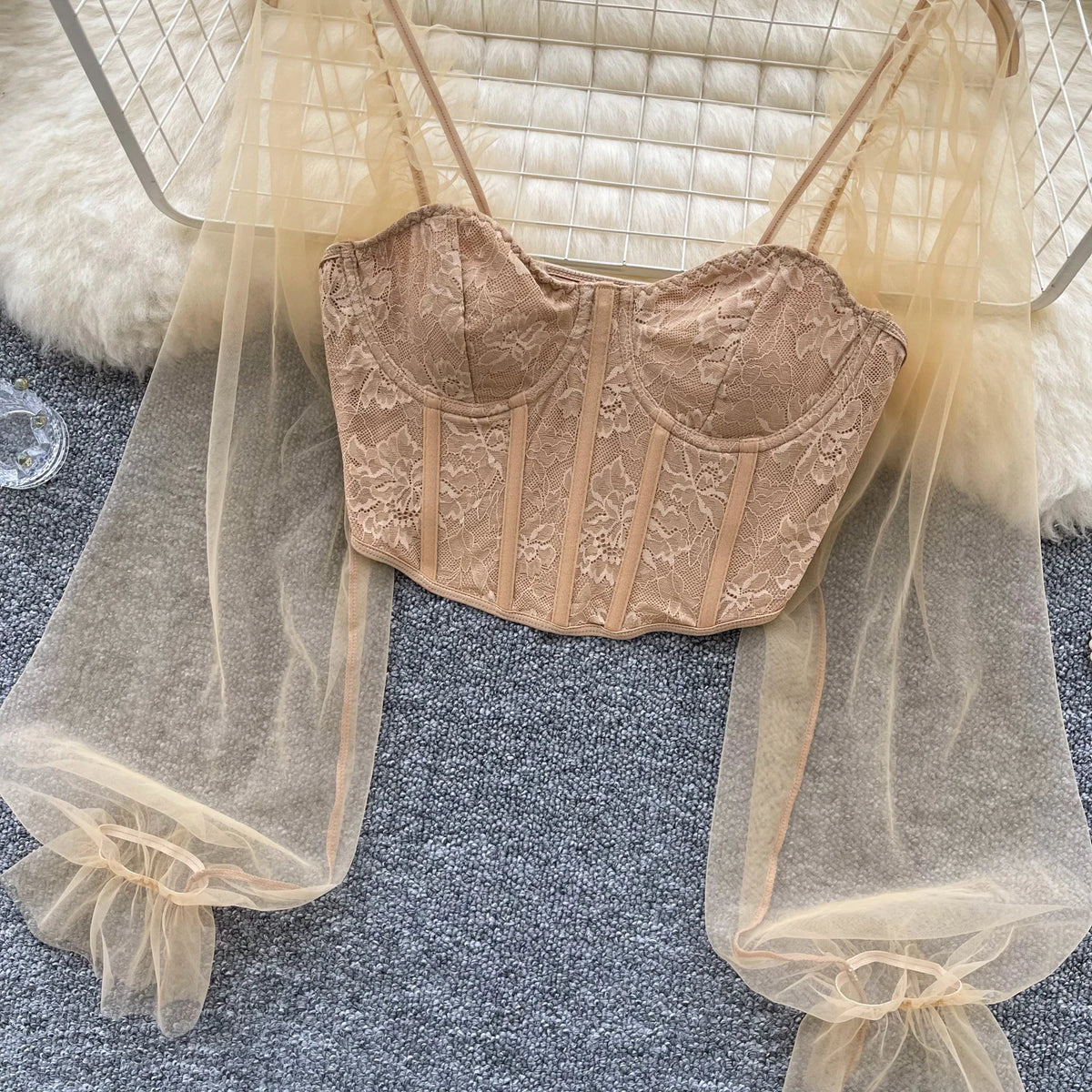 Women Chic Lace Mesh Sheer  Long Sleeve Backless Crop Top Solid Slim Sexy Korean Fashion Summer Women Shirt Square Collar