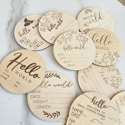 Wooden Baby Growth Souvenir Card Milestone Engraved Hello World Round Wooden Milestone Newborn Photography Props