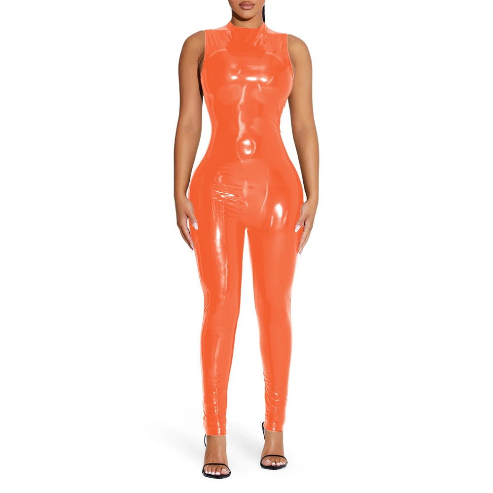 PVC Sleeveless Jumpsuit for Ladies, Wet Look, Shiny Patent Leather, O-Neck Bodycon, Tank Catsuit, Stretch Slim Rompers, Sexy