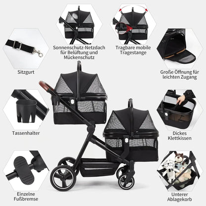 Dog Pushchair Foldable Pet Trolley with 2 Removable Dog Crate Bag for Two Small Dogs Cats Load Capacity Up To 15 Kg Per Level