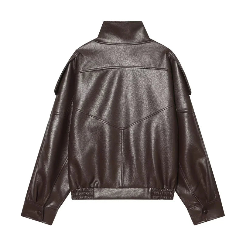 Women's Faux Leather Jacket 2025 New Fashion Autumn Black Long Sleeve Pebble Jacket Motorcycle Style Personality Ladies Jacket