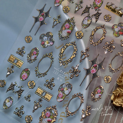 Luxury 5D Floral Nail Art Stickers Gold Silver Chinese Style Metal Frame Shiny Crystal Rhinestone Self Adhesive Manicure Decal