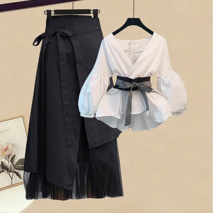 2026 Korean Style Long Sleeve T-shirt Tops High Waist Skirt Two-piece Elegant Women's Skirt Suit Casual Outfits