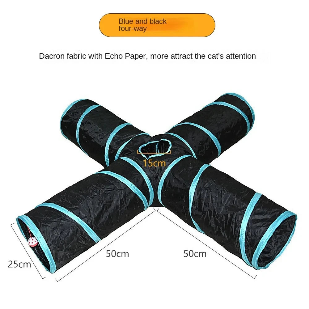 Cat Tunnel Toy 3-Way Foldable Pet Playhouse Crinkle Paper Bell Durable Oxford Cloth Animal Tunnel Kittens/Rabbits/Guinea Pigs