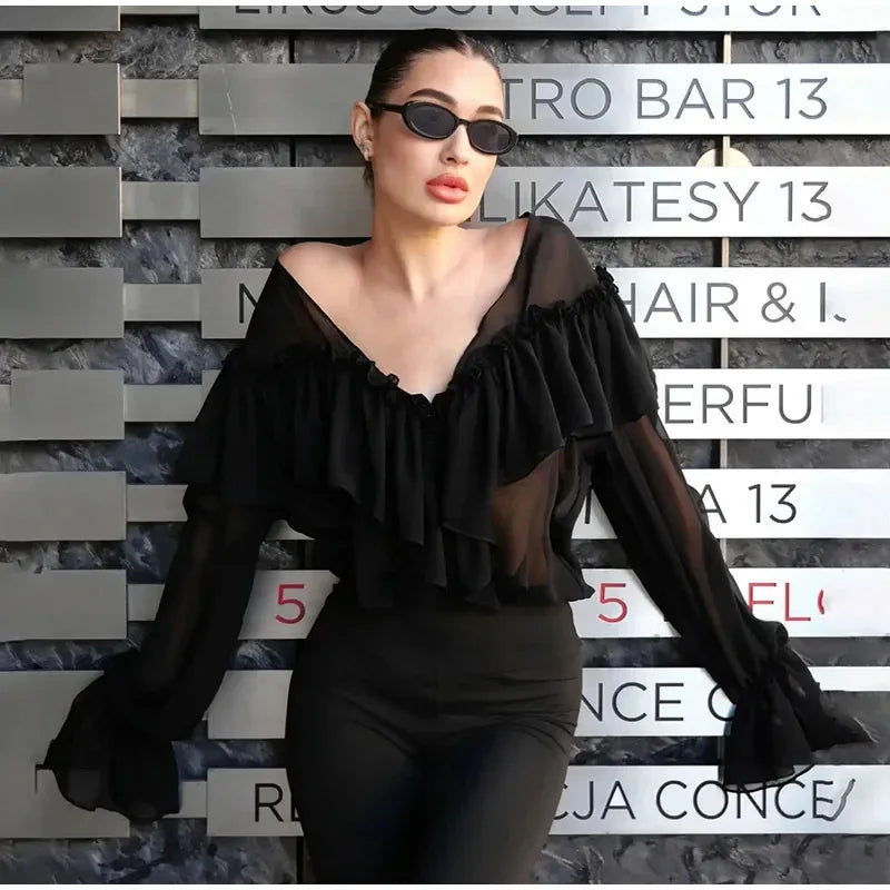 Sexy See-through Chiffon Top V-neck Long Sleeve Beach Party Shirt Trans-seasonal Women's Low Cut Shirt Ruffle Solid Color Tops