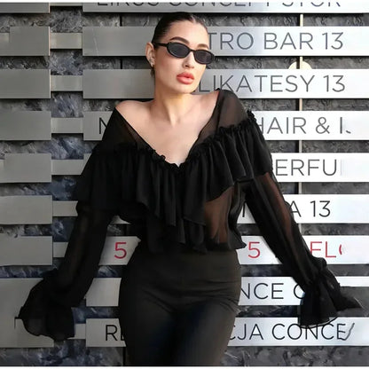 Sexy See-through Chiffon Top V-neck Long Sleeve Beach Party Shirt Trans-seasonal Women's Low Cut Shirt Ruffle Solid Color Tops