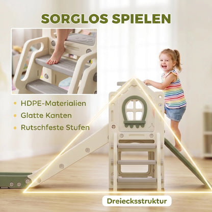 4-in-1 foldable slide with a climbing element, basketball hoop, storage space, and a basketball for children aged 1 to 3, cream white