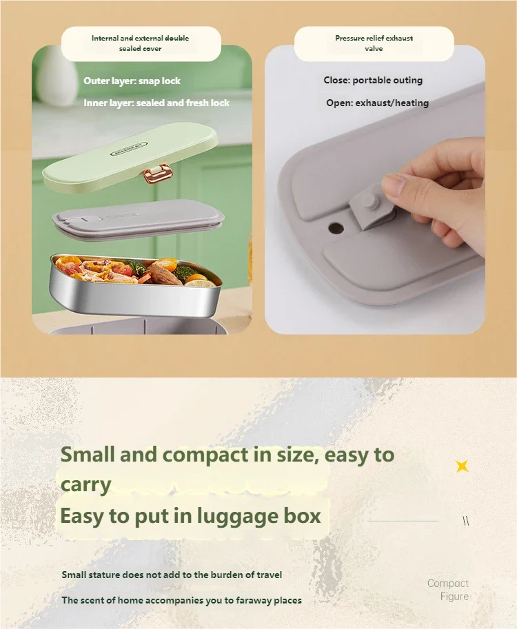 HOMEFISH Stainless Steel Electric Lunch Box Food Warmer Bento Box Water-Free Heating Office Lunch Container with Built-In Heater