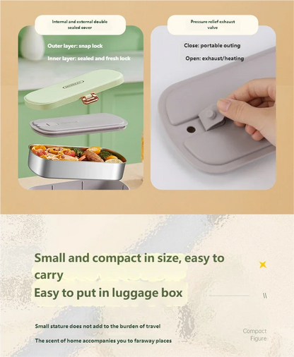 HOMEFISH Stainless Steel Electric Lunch Box Food Warmer Bento Box Water-Free Heating Office Lunch Container with Built-In Heater