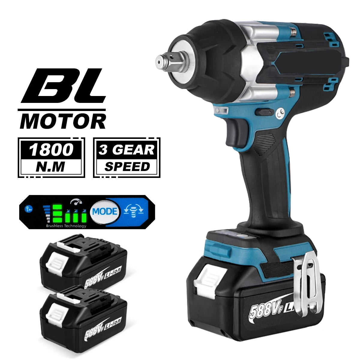 1200/1800N·m Brushless Cordless Electric Wrench Set 1/2" Car Truck Repair Screwdriver Power Tool Impact Drill Rechargable with 1 Battery