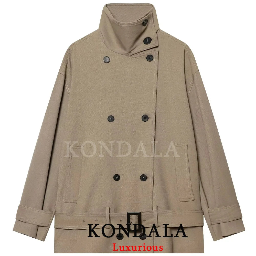 KONDALA High Street Casual Chic Women Jacket Double Breasted Stand Collar Pockets Sashes Jacket New Fashion 2026 Spring Jacket