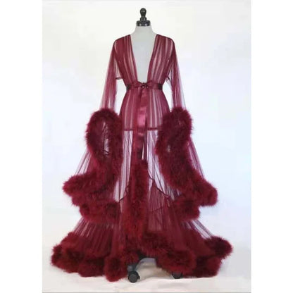 Sexy Deep V-neck Tulle Maternity Dresses Lace Hollow Horn Long-sleeved Feather Trailing Dress Photo Photography Props Vestidos