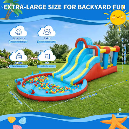 Garvee Kids Bouncy Castle with Water Slide, Large Inflatable with Blower, Jumping Area, Water Gun, Splash Pool, Outdoor Slide, Children’s Play Bouncer for Indoor or Outdoor Garden Games, Backyard Toy