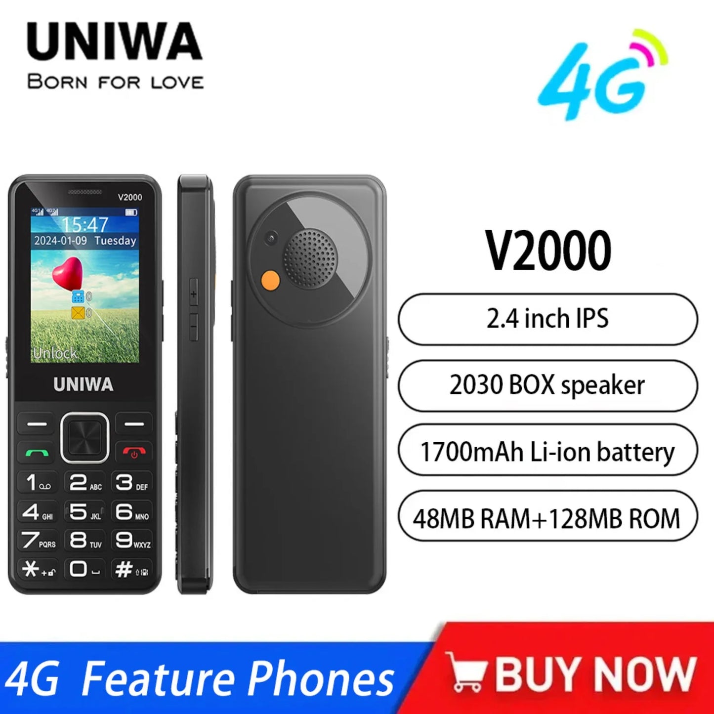UNIWA V2000 4G VoLTE Keypad Phone 2.4 Inch Big Button Loud Volume Dual SlM 1700mAh Russia Hebrew Keyboard Feature Phones Elderly