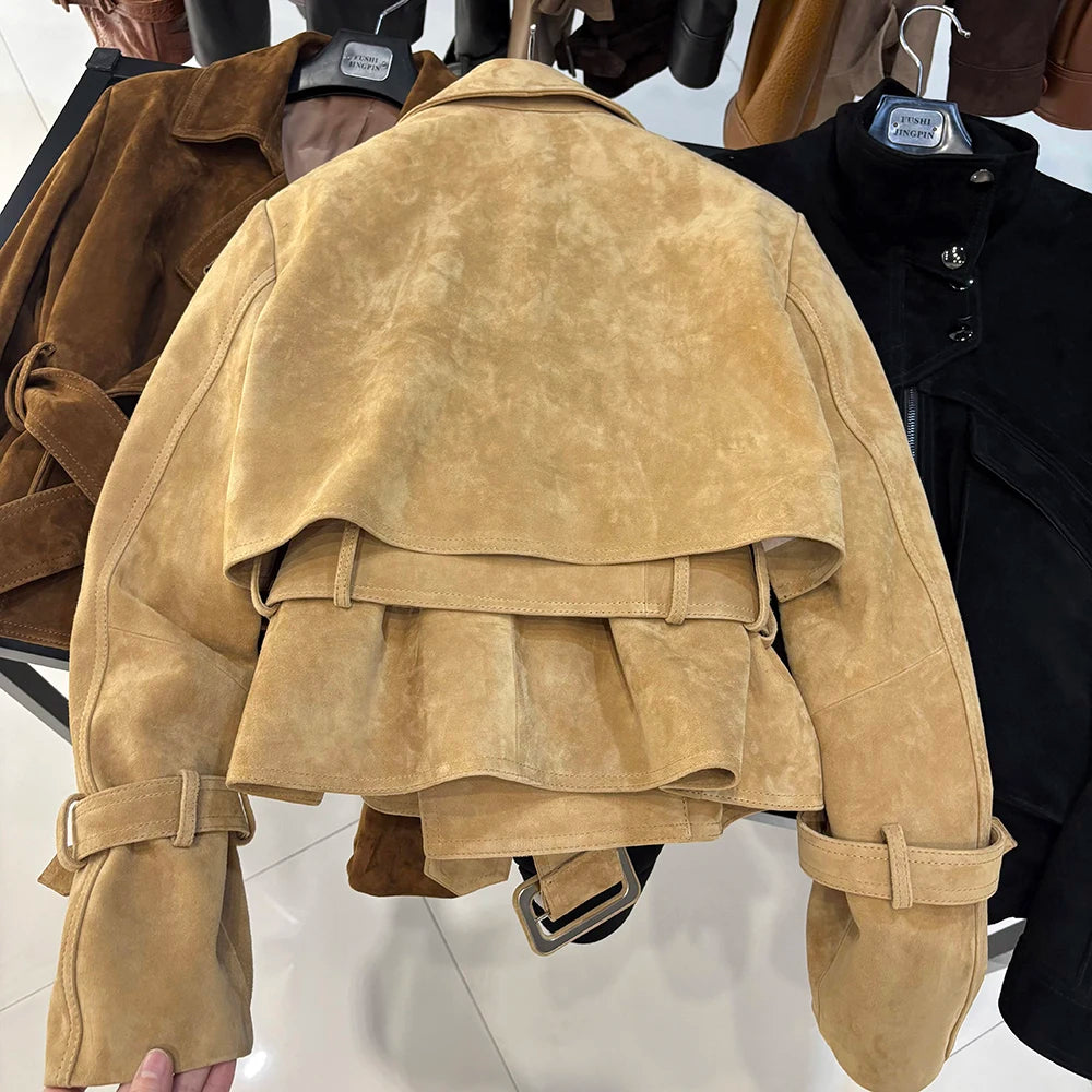 YOLOAgain 2025 Autumn Elegant Real Leather Jacket Coat Women Oversized Leather Jacket With Belt