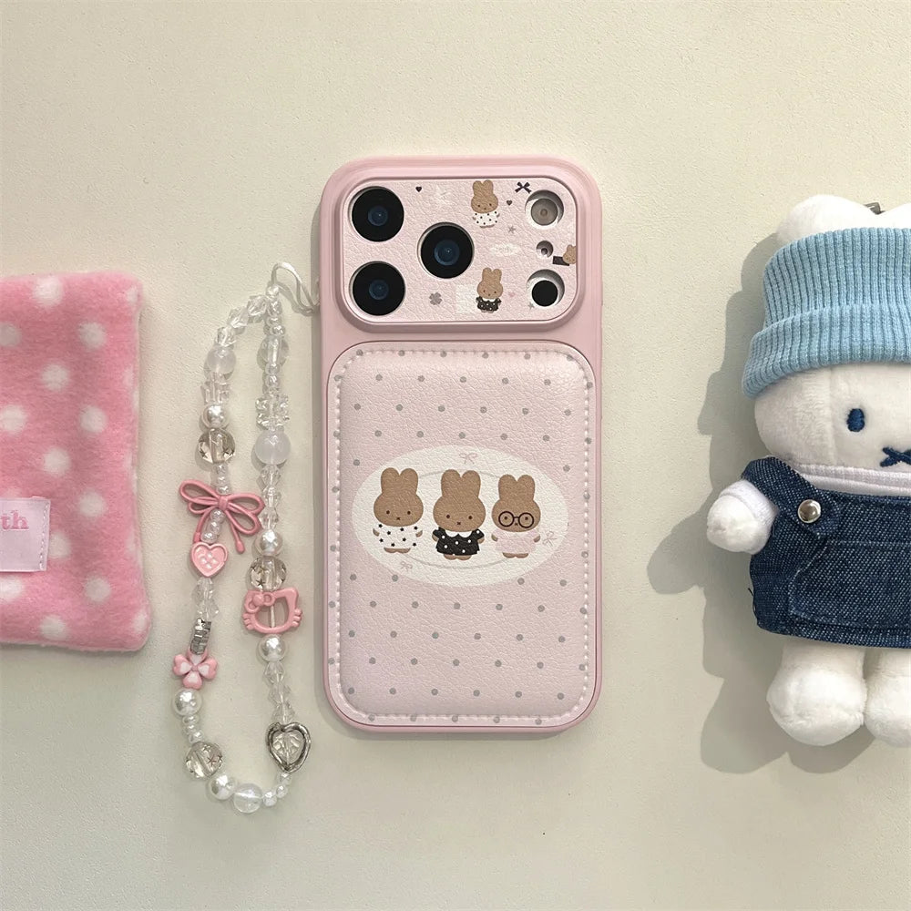 Polkadot Leather Funny Miffy Rabbit phone case for iPhone 15 Pro 14 13 16 Max 17 Pro Max Cover With Chain Cute Cartoon Cases Cap