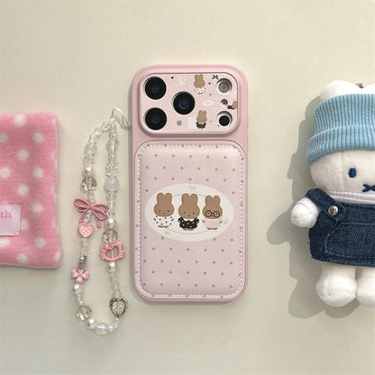 Polkadot Leather Funny Miffy Rabbit phone case for iPhone 15 Pro 14 13 16 Max 17 Pro Max Cover With Chain Cute Cartoon Cases Cap