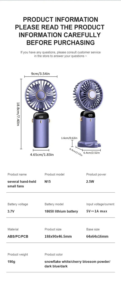 Mini Portable Handheld Fan Foldable Neck Hanging Fans 5 Speed USB Rechargeable Fan with Phone Stand and Display Screen 1800mAh