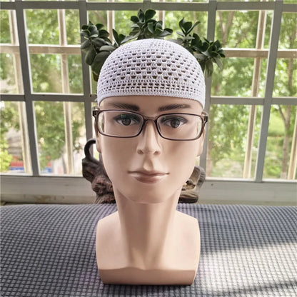 New Summer White Pure Handmade Hooked Prayer Hat Muslim Knitted Kufi Hat Skull Cap Crochet Handmade Islamic Ramadan Prayer Cap