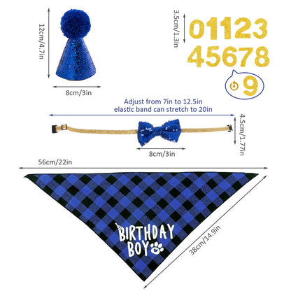 4pcs Dog Birthday Party Supplies, Birthday Boy Dog Bandana, Dog Birthday Hat with Numbers for Medium Large Dogs Pets