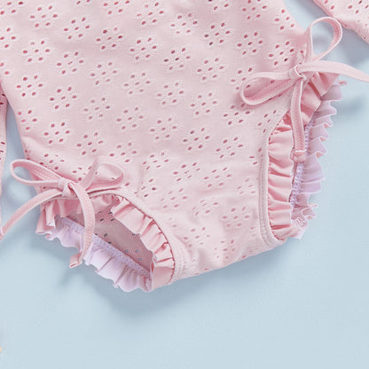 Infant Baby Girl Eyelet Swimsuit with Swimming Hat Toddler 2 Pcs Set Long Sleeve Round Neck Ruffled Romper Kids Bathing Suit