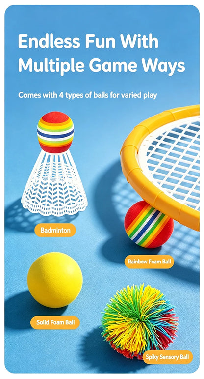 Badminton and Tennis Racket Kid 4in1 Sports Toy Hand Eye Coordination Gifts for Reflex Training Beginners Outdoors Beach