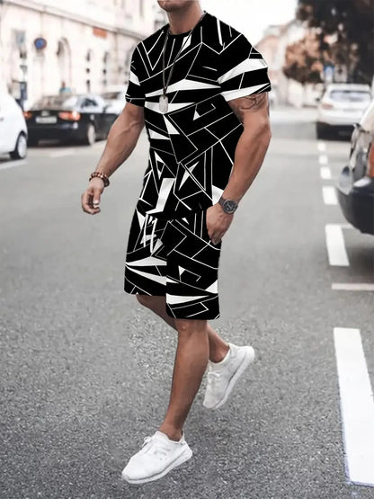 2025 Summer Men's Clothing Letter Print Short Sleeve Top Men's Elastic Waist Shorts 2-piece Set Plus Size T Shirts Shorts Set