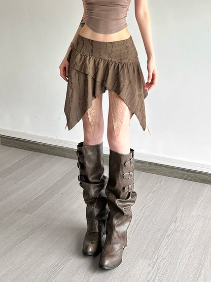 Sisterlinda Mesh Patchwork Mini Skirts Women Irregular High Waist Skinny Stretch Fashion Versatile Style Ruched Elegant Bottms
