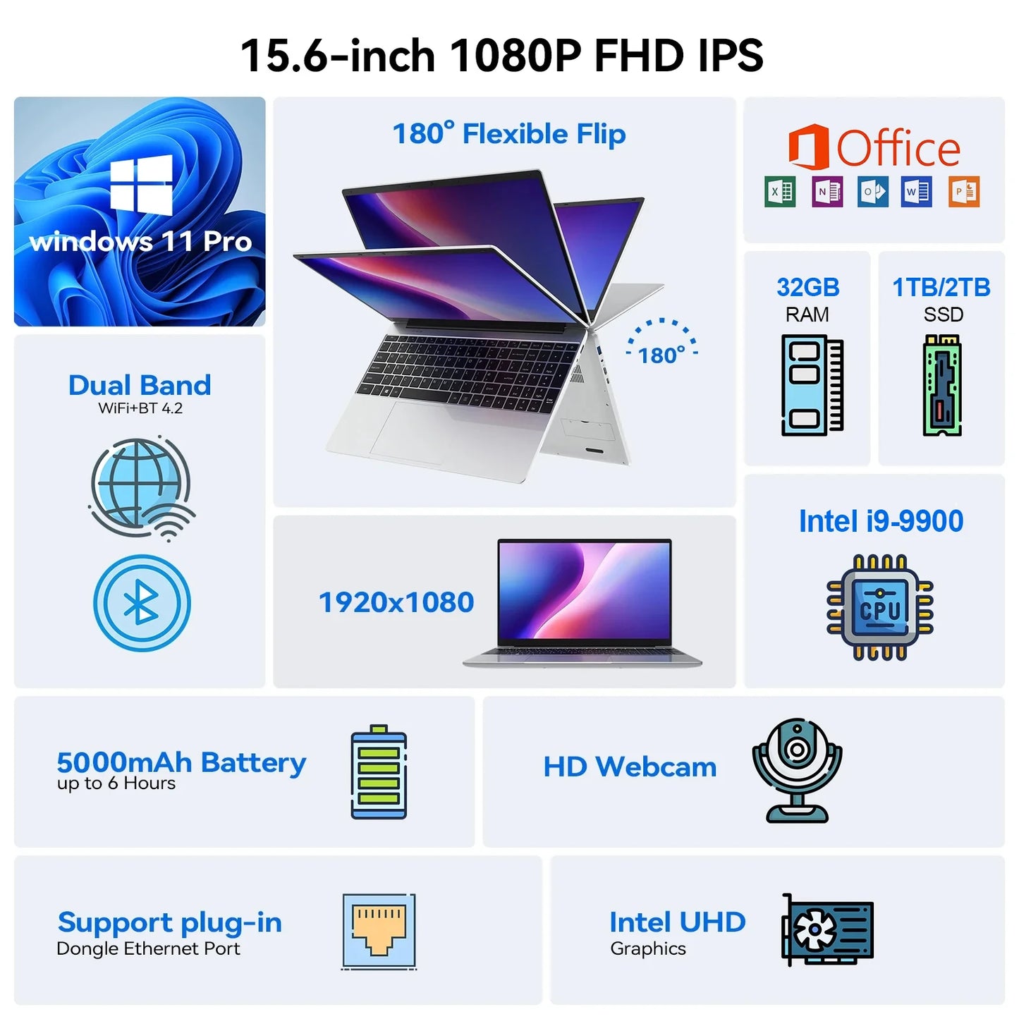 HOT LENO 15.6" Laptop Windows 11 32GB 2TB Intel Core i9 9900 1920*1080 HD Gaming Computer PC Gamer office Ultra Slim Notebook