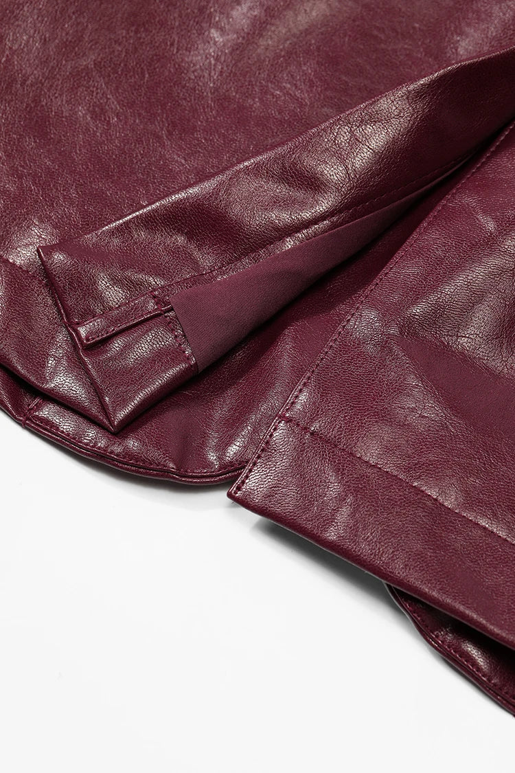 ELFSACK Women's Faux Leather Blazer Oversized Wine Red Long Sleeve Casual Office Wear Jacket Fashion Streetwear Coat