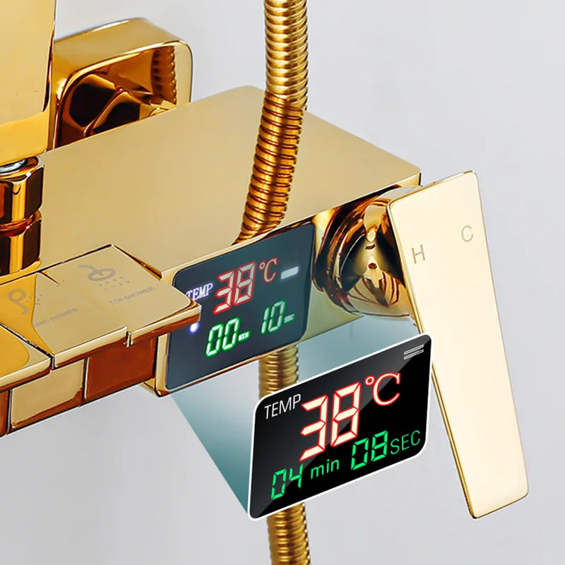 Gold Piano Digital Display Bathroom Shower Set Brass Bathroom Faucet Accessories Thermostatic Digital Bathroom Shower System