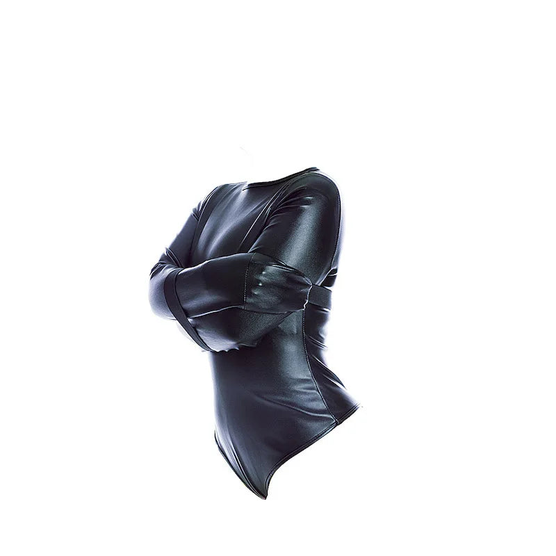 Leather Long Sleeve Bodysuit Straight Jacket with Crotch Strap,SM Game Bondage Armbinder Harness,Slave Role Costume BDSM Sex toy