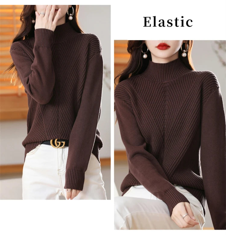 Women 100% Cotton Knit Sweater Half-high Collar Stripe Pullover Autumn Winter Thickened Bottoming Clothing Casual Knitted Tops