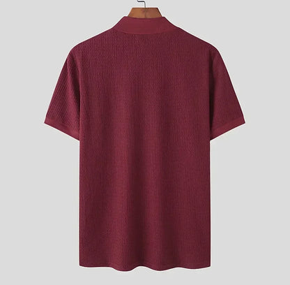 Summer New Casual Simple Knitted Base Shirt European and American Men's High Neck Water Ripple Solid Color T-Shirt