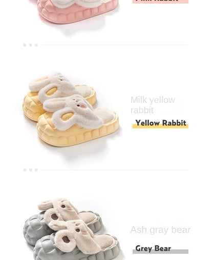 Mo Dou 2022 Winter Warm Women Slippers Waterproof Vamp Cute Rabbit Bear Decoration Indoor Outdoor Shoes Soft Plush Men Slippers