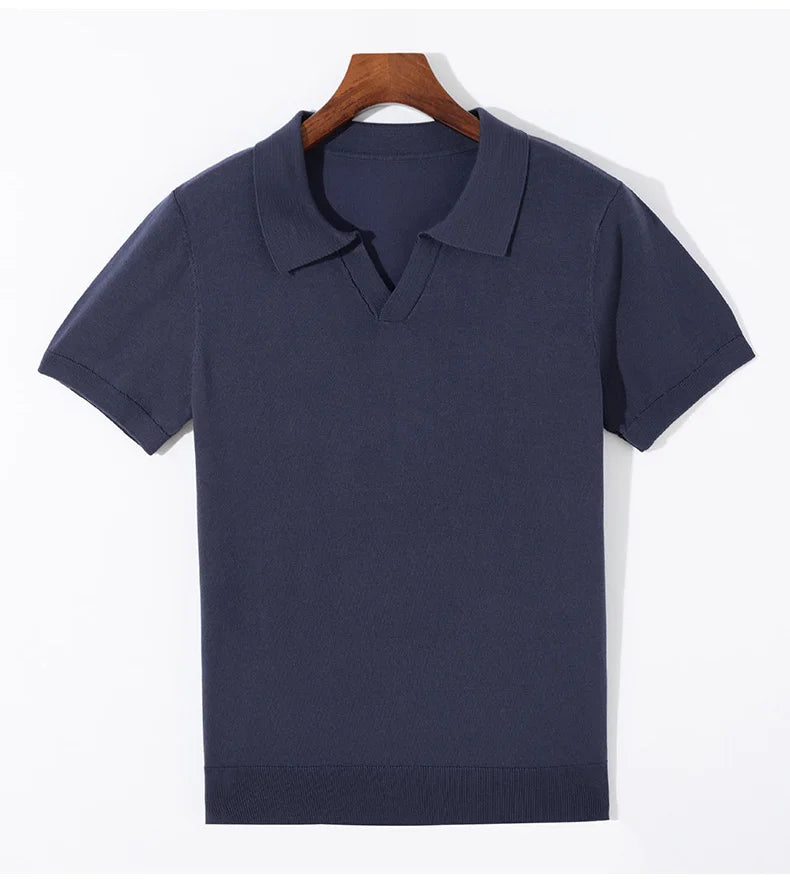 Spring and summer new 100% pure wool business casual knitting technology men's breathable soft lapel Polo short sleeve T-shirt.
