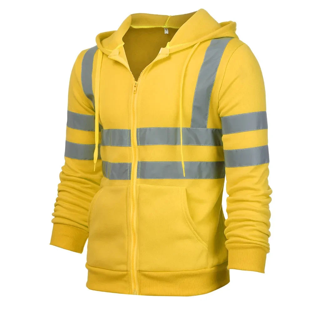 Men Reflective Strip Hoodies Casual Fit Work Safety Jackets Autumn Thin Fleece Hooded Zipper Sweatshirt Coats Workwear For Men