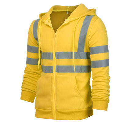 Men Reflective Strip Hoodies Casual Fit Work Safety Jackets Autumn Thin Fleece Hooded Zipper Sweatshirt Coats Workwear For Men