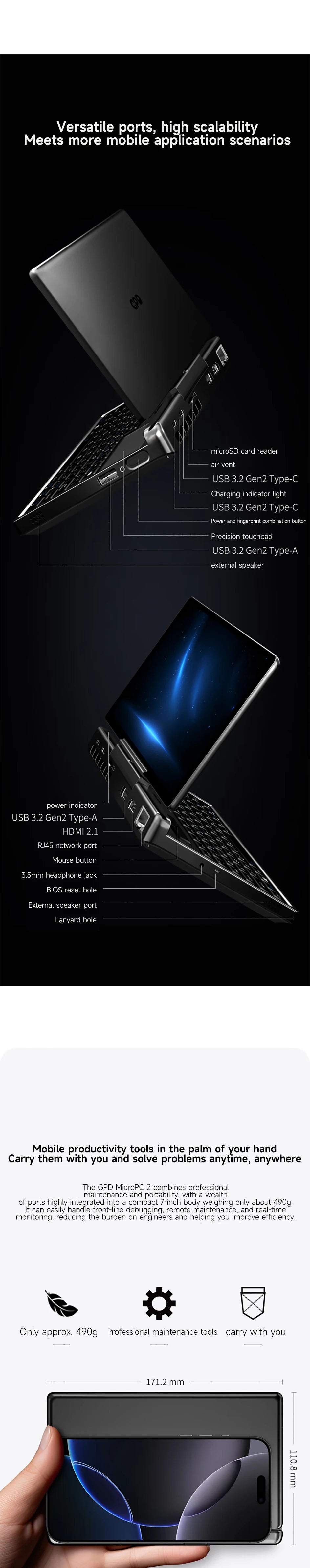 GPD MicroPC 2  2025  7-inch  Intel i3-N300 Windows 11 24H2 Pro Edition  16GB RAM | 512GB/1TB/2TB/4TB SSD  Palm-sized Mini Laptop