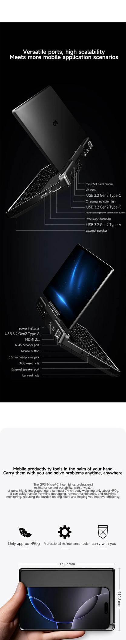 GPD MicroPC 2  2025  7-inch  Intel i3-N300 Windows 11 24H2 Pro Edition  16GB RAM | 512GB/1TB/2TB/4TB SSD  Palm-sized Mini Laptop