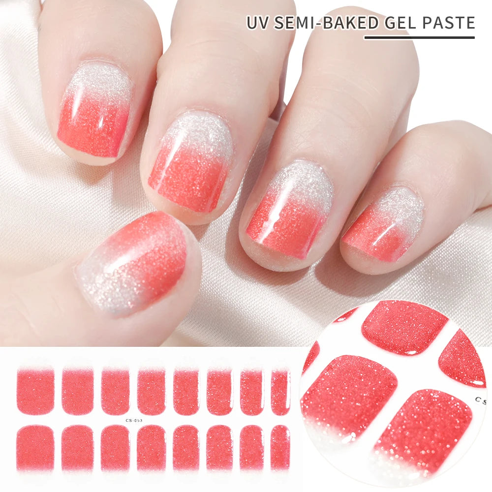 1Sheet Cured Gel Nail Strips Sticker Long-Lasting Nail Polish Strips Wraps Full Cover Gel Nail Art Stickers UV/LED Lamp Required