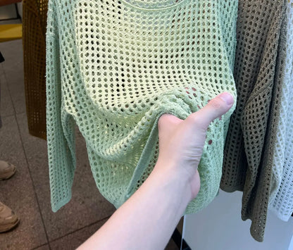 2025 Mesh Vintage Harajuku Long Sleeve Women Sweater Korean Spring Summer Knitwear Soft Thin Tops Chic Solid Femme Sweater
