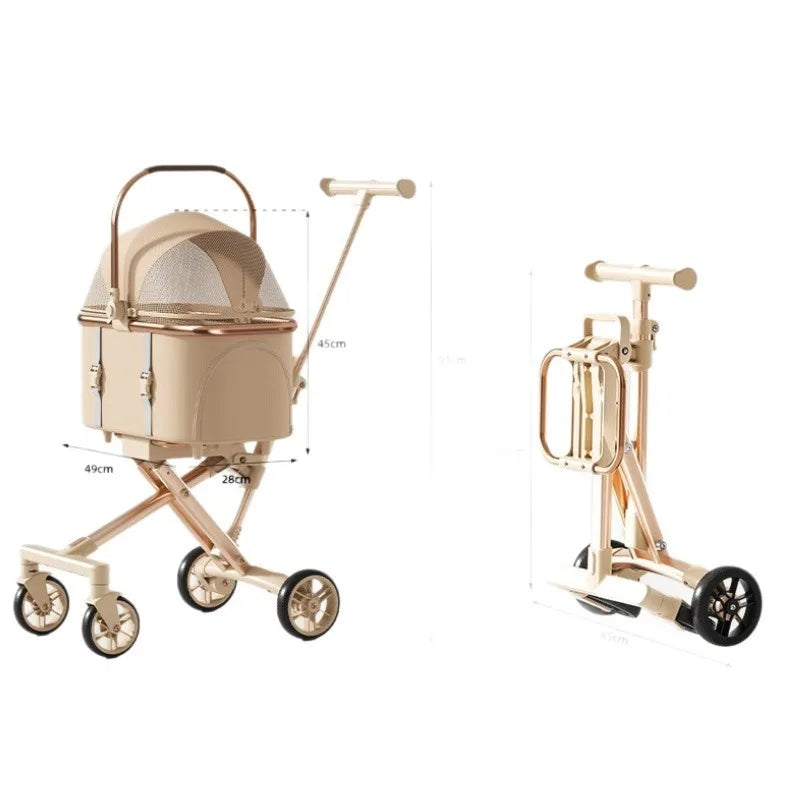 Rose Gold Pet Stroller Fashion Lightweight Foldable Detachable Carrier Bag Dog Cat Travel Cross Border Pet Stroller Dog Trolley
